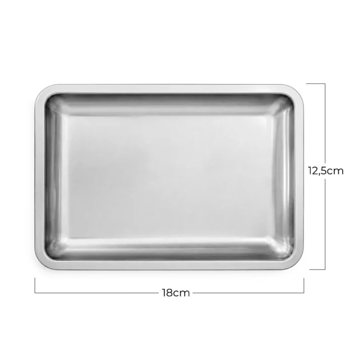 Bandeja metálica rectangular plateada para herramientas